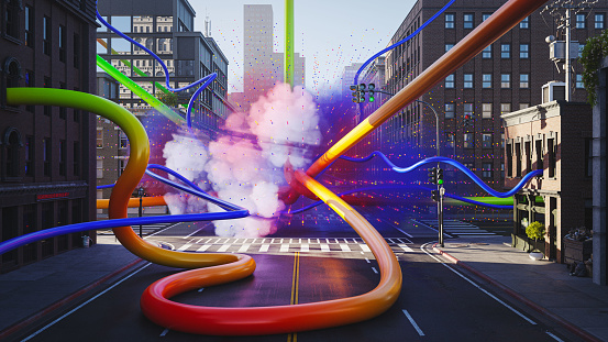 Mysterious cloud, glowing grid and long colorful cables intersecting in the middle of the city street, 3D render