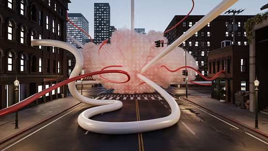 Mysterious cloud, glowing grid and long cables intersecting in the middle of the city street, 3D render