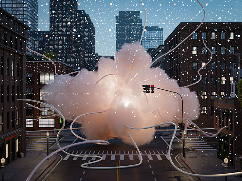 Mysterious cloud, grid of glowing particles and long cables intersecting in the middle of the city street, 3D render