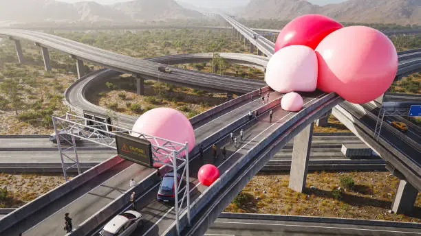 A cluster of big soft pink spheres in the middle of the highway, 3D render