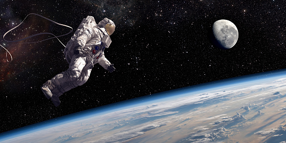 An astronaut in full spacesuit tethered to unseen craft on spacewalk above Earth with moon visible in the background. Astronaut is 3D render with following images used from NASA:\nhttps://www.nasa.gov/sites/default/files/thumbnails/image/iss063e076166.jpg\nhttps://www.nasa.gov/sites/default/files/thumbnails/image/25864937890_ae40c4ca8c_o.jpg