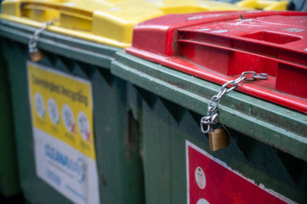 istock locked garbage bin on street side in city, private property 1693814478