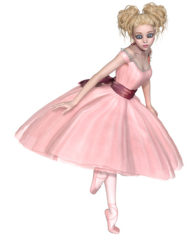Illustration of a cute blonde ballerina with big anime style eyes, dressed in a pink romantic styled tutu, facing right, 3d digitally rendered illustration