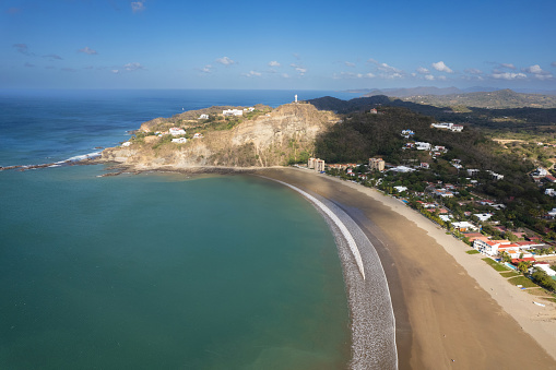 San Juan Del Sur Nicaragua coastline with Jesus statue aerial drone view