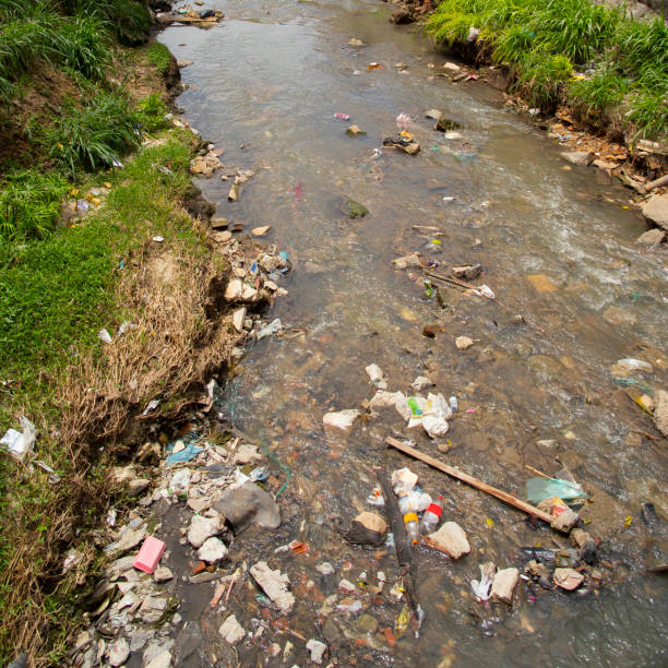 Plastic garbage discarded in polluted river in Sao Paulo, Brazil