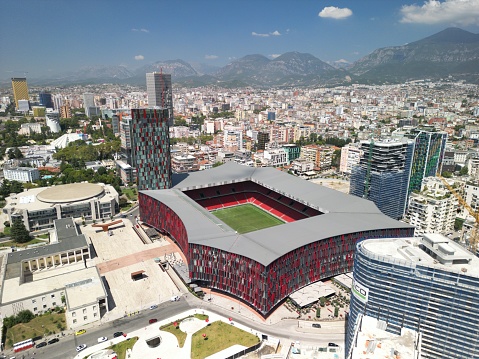 Tirana, Albania – August 04, 2023: Amazing Aerial View of Air Albania Stadium in Tirana