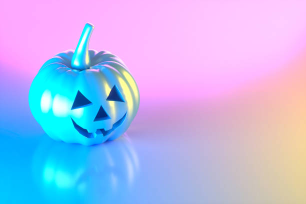 Halloween Pumpkin on neon lighting background, blue yellow pink colors. Digitally generated image.