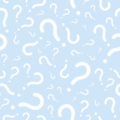 Question marks seamless pattern. Vector question texture for online survey or quiz. White on blue color.