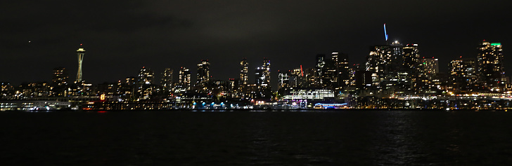 View of downtown Seattle and Puget Sound at night