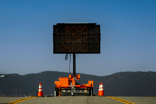 Horizontal image of a Digital Road Sign stating Road Work Ahead
