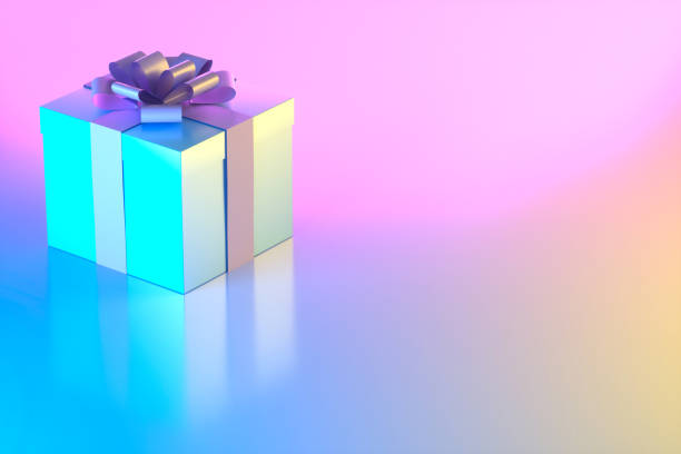 istock Gift box on neon lighting background, blue yellow pink colors 1693864894