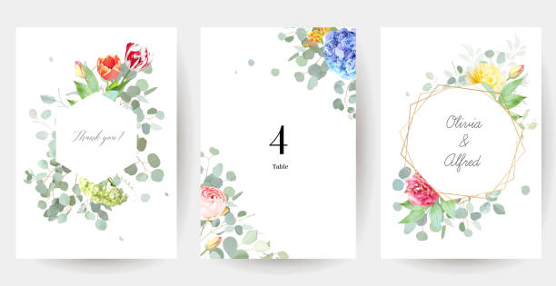 Colorful tulips, blue hyacinth, green hydrangea, pink and yellow rose, magenta carnation vector design invitation frames Colorful tulips, blue hyacinth, green hydrangea, pink and yellow rose, magenta carnation vector design invitation frames. Wedding greenery. Watercolor style cards. Summer style. Isolated and editable hyacinth red stock illustrations