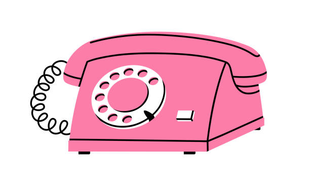 Pink retro wired phone illustration Hand drawn cute cartoon illustration of pink retro wired phone. Flat vector old telephone with dial sticker in simple colored doodle style. Call device icon or print. Isolated on white background. rotary dial telephone cartoons stock illustrations