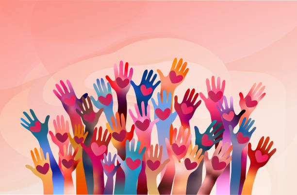 Raised hands of volunteer people holding a heart. People diversity. Charitable donation. Support and assistance. Multicultural community. NGO. Aid. Help. Volunteerism. Teamwork. Banner Possible use for association or volunteer community. Voluntary assistance cone. Expression of joy. Voting or election concept. Community of multi-ethnic and multicultural people. Racial equality. Cooperation and friendship between people heart hands multicultural women stock illustrations