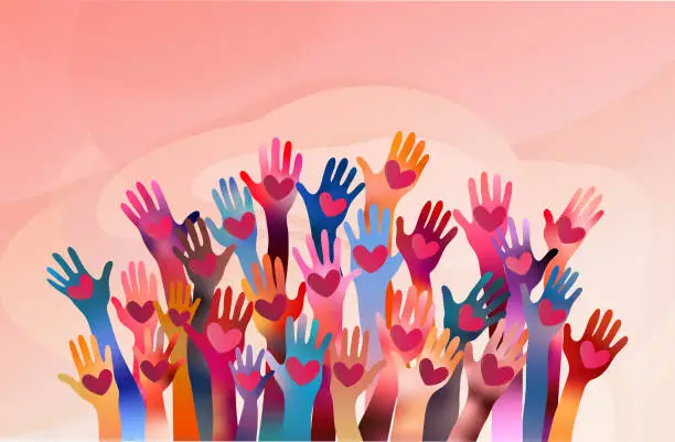Vector illustration of Raised hands of volunteer people holding a heart. People diversity. Charitable donation. Support and assistance. Multicultural community. NGO. Aid. Help. Volunteerism. Teamwork. Banner