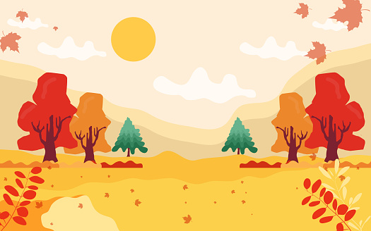 Flat autumn landscape background with Hello autumn words