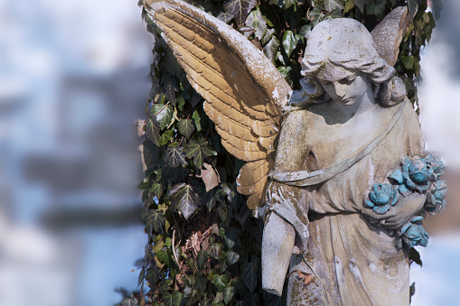 Vintage image of a sad angel against the background of leaves (details)