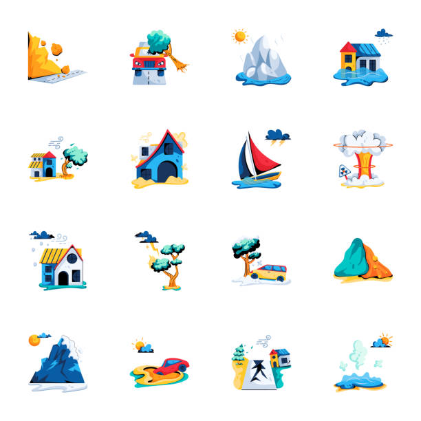 Collection of Natural Accidents Flat Icons Dive into the world of environmental sensitivity with our natural disaster icon set Whether it's wildfires or powerful hurricanes, the causes of environmental pollution or methods of disaster relief, this set has it all car hailstorm stock illustrations