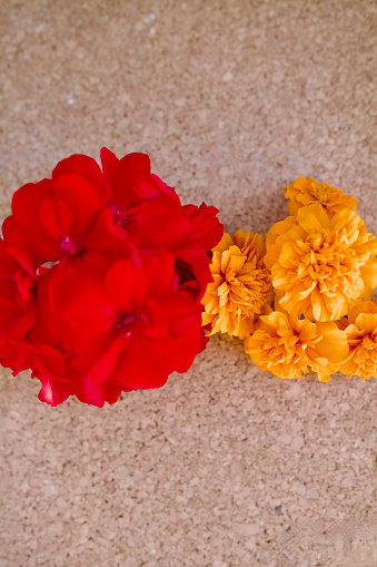 Red Geranium and Yellow Marigolds