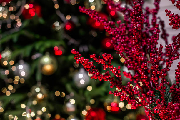 istock Christmas background with red berries on a branch 1693933096