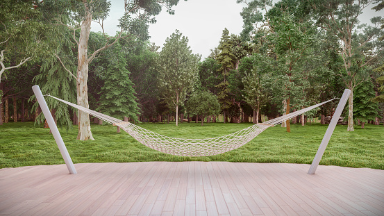 3d rendering of patio with white hammock connected to wooden poles. Computer graphic of beautiful landscape with relax hammock on wood deck.