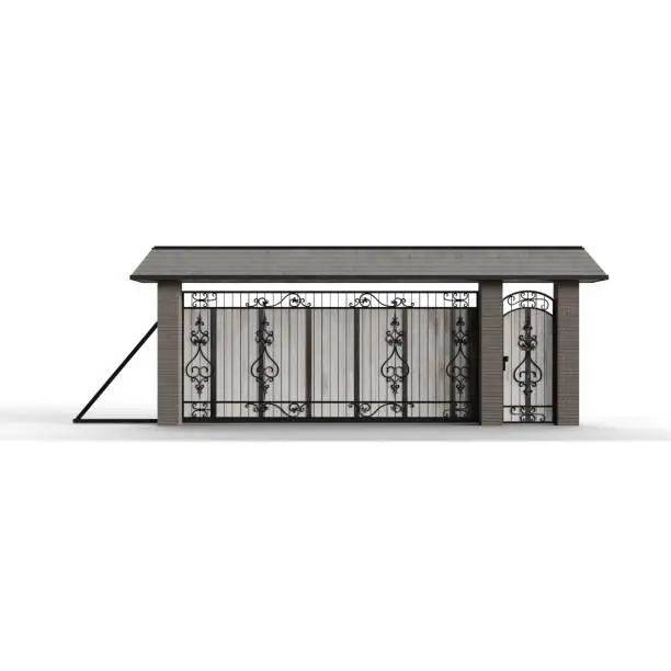 A 3D rendering of modern-style gates on a white background
