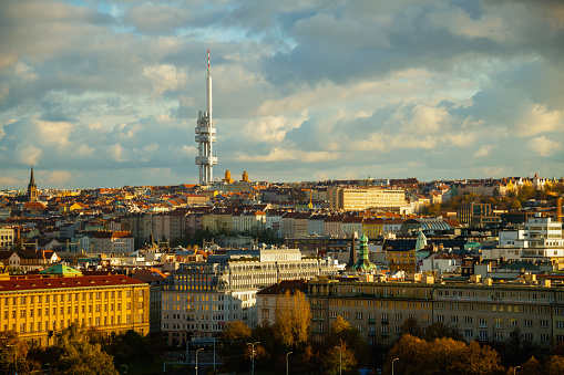 landscape with Zizkov Television Tower in the evening in autumn in Prague, Czech Republic.