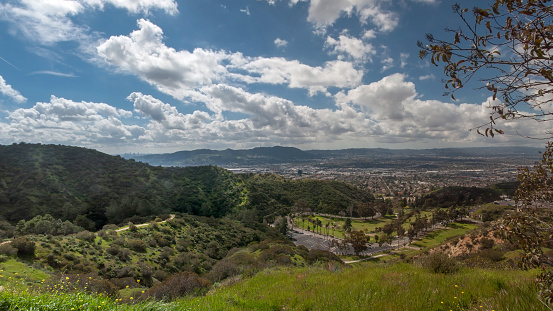 Aerial view of Burbank from Verdugo Mountains. Los Angeles county, Southern California