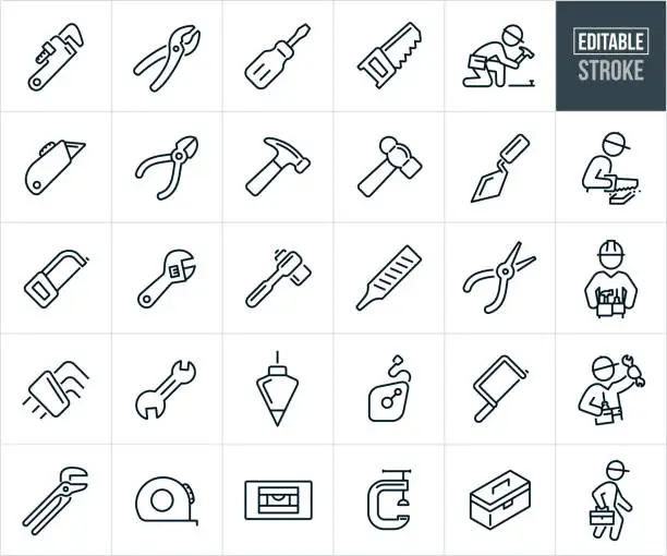 Vector illustration of Hand Tools And Handyman Thin Line Icons - Editable Stroke