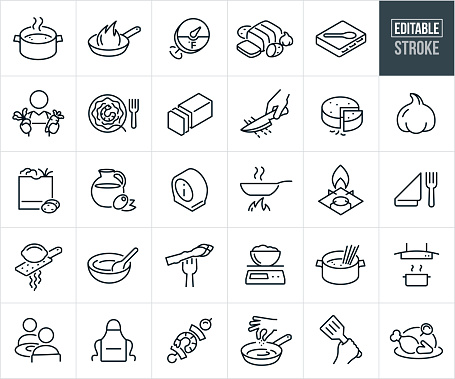 A set of food prep and cooking icons that include editable strokes or outlines using the EPS vector file. The icons include a pot of boiling water, frying pan cooking food, food thermometer, beef roast, cookbook, cook with fresh ingredients, plate of prepared shrimp scampi, butter, knife cutting cooking ingredients, block of cheese, garlic, bag of groceries, olive oil, food timer, gas range, silverware and napkin, lemon zest, mixing bowl with wooden spoon, asparagus on a fork, food scale, pasta in a boiling pot of water, two people eating a meal together, cooking apron, shrimp kabob, hand sprinkling spices into a frying pan, hand holding a spatula and a cooked turkey.
