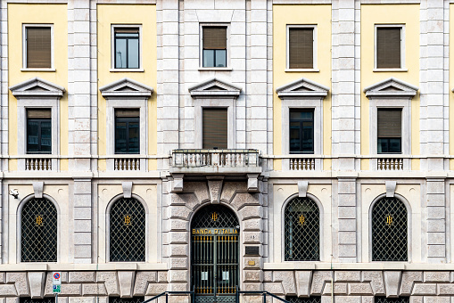 The facade of the Banka D'Italia in Como, Lake Como, Italy.