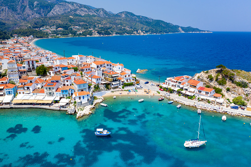 View of Kokkari fishing village with beautiful beach, Samos island, Greece