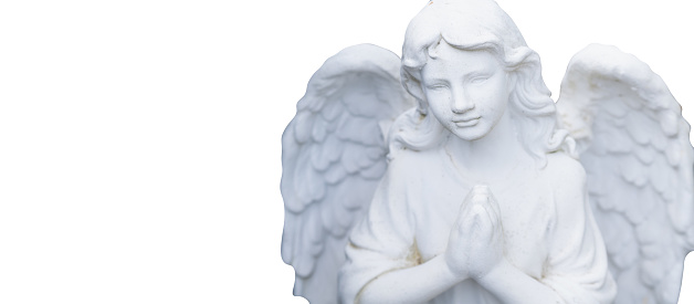 Ancient statue of an guardian angel isolated on white background. Copy space for design.