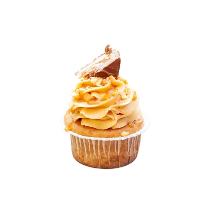 Homemade peanut butter cupcake with chocolate frosting, salted caramel and chocolate bar, isolated on white background, png