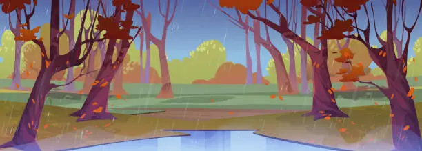 Vector illustration of Rainy forest scene in autumn day background scene