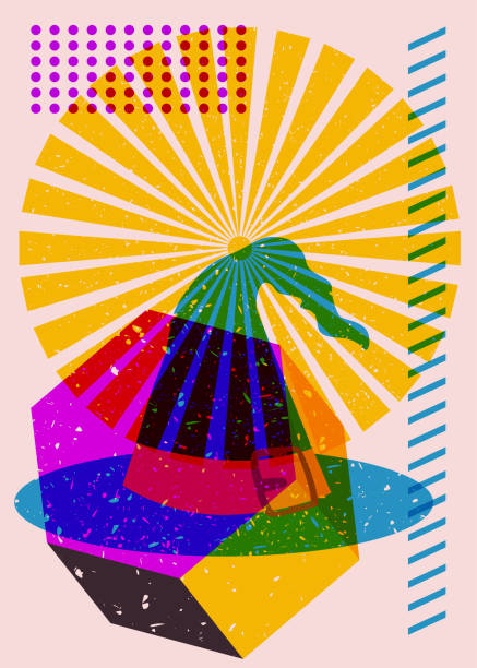 istock Risograph Halloween Witch's Hat and geometric shapes. Holiday in trendy riso graph design. 1694014798