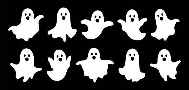 istock Set scary and funny ghosts with faces, isolated on black background. Cute Halloween silhouettes white ghost character. 1694040597