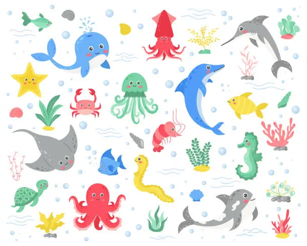 Vector illustration of Vector set of sea animals in cartoon style.