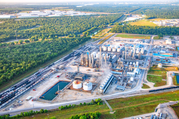 Aerial view of a chemical plant located just outside Houston, Texas in the city of Pasadena shot from a helicopter at an altitude of about 1000 feet.