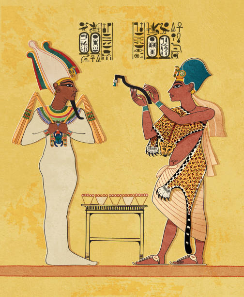 ilustraciones, imágenes clip art, dibujos animados e iconos de stock de el rey ay realizando la ceremonia de apertura de la boca en la momia de tutankamón ilustración - traje de reina egipcia