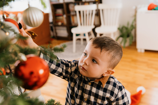 Boy hanging Christmas ornaments, decorating the Christmas tree for the holiday season