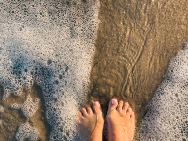 istock Woman’s feet in shallow water at beach 1694065820
