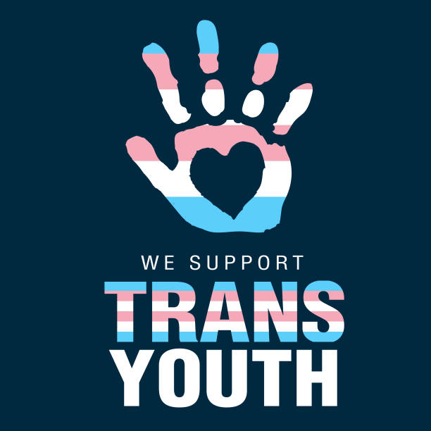 illustrazioni stock, clip art, cartoni animati e icone di tendenza di sosteniamo il banner web dei giovani trans con impronta a mano e forma di cuore nei colori della bandiera transgender - canadian culture canada handprint flag