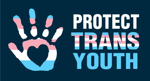 Vector illustration of Protect Trans Youth web banner sign with handprint and heart shape in transgender flag colors