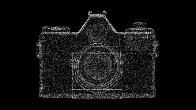 3D photo camera rotates on black bg. Digital camera. Professional photographer traveler concept. For title, text, presentation. Business advertising backdrop. 3d animation 60 FPS.