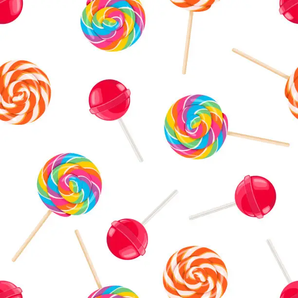 Vector illustration of Lollipops seamless pattern. Vector cartoon flat illustration of colorful round candy. Sweet food background.