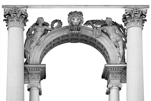 Elements of architectural decorations of buildings. Old wall with arch on white background. Black and white image.