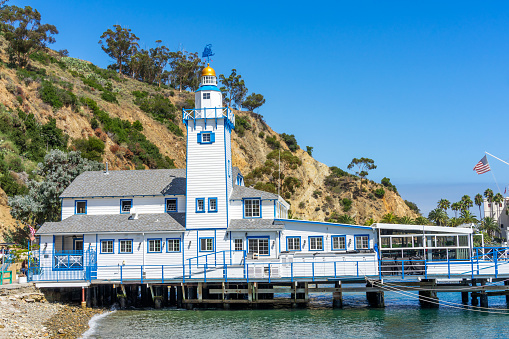 Avalon, CA, USA - September 13, 2023: Exterior view of the historic Catalina Island Yacht Club building located in Avalon, California.