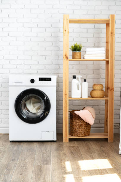 istock Modern white washing machine close up photo 1694103223