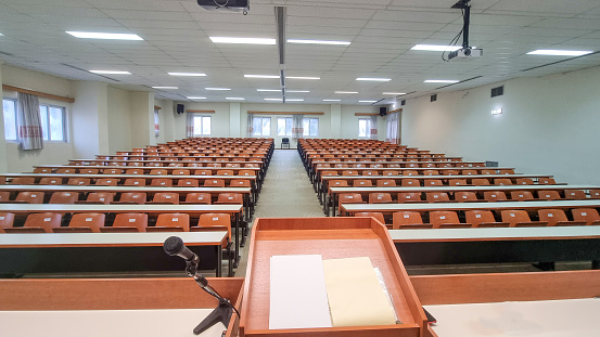 amphitheater university empty chairs tables background hight lights afternoon